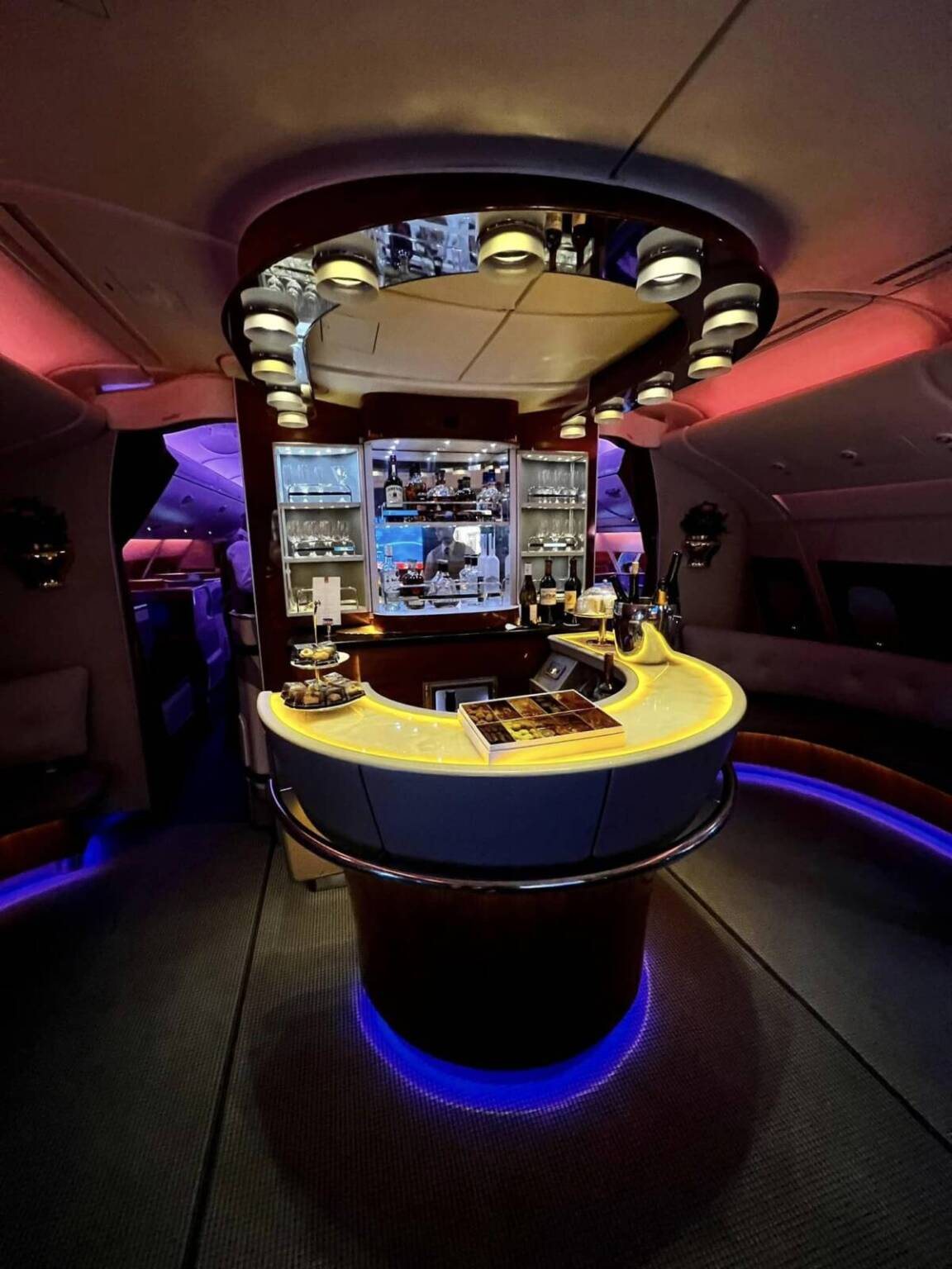 The glowing onboard bar on the Emirates A380
